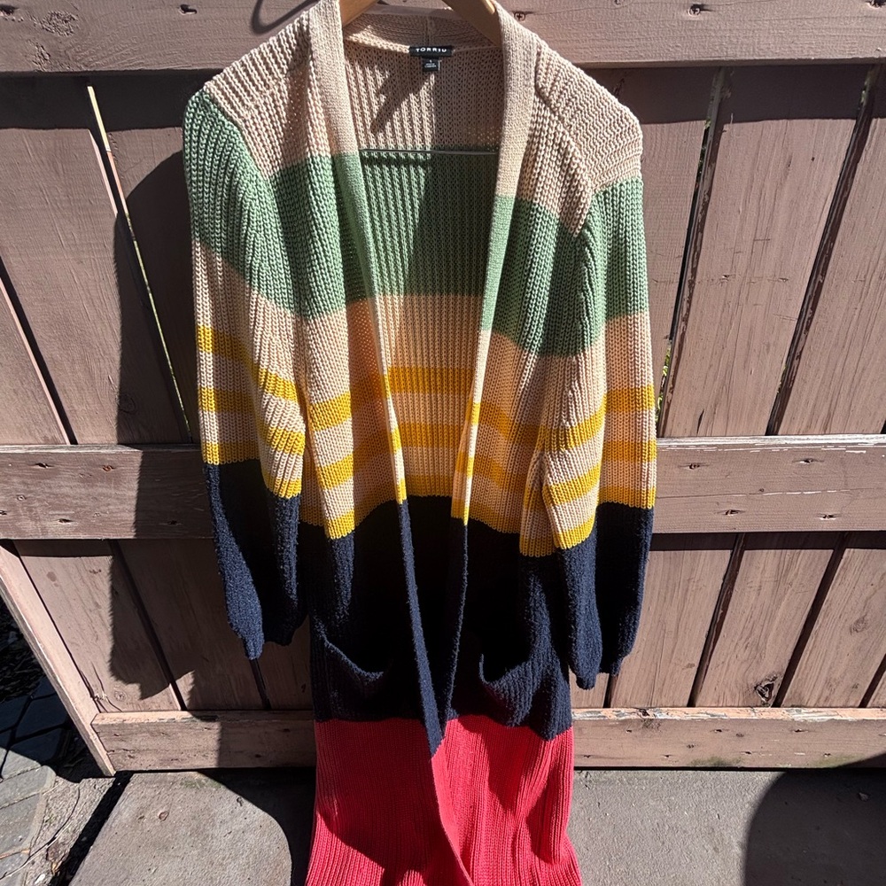 torrid Striped Long Cardigan in Beige, Green, Yellow, Navy & Red - Picture 2 of 9